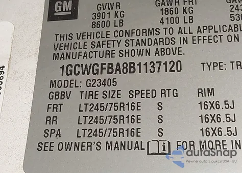 2011 Chevrolet Express 2500 Work Van z USA, uszkodzony, nr VIN 1GCWGFBA8B1137120